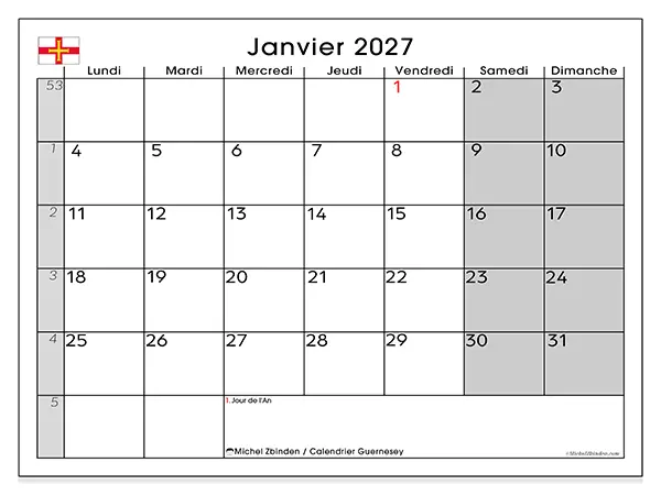 Calendrier janvier 2027 à imprimer - Guernesey