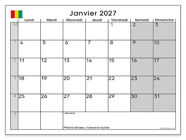Calendrier janvier 2027 à imprimer - Guinée