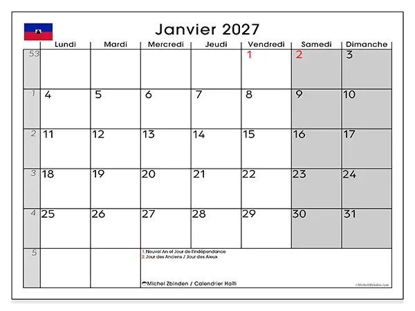 Calendrier janvier 2027 à imprimer - Haïti
