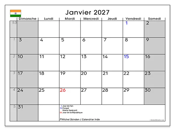 Calendrier janvier 2027 à imprimer - Inde