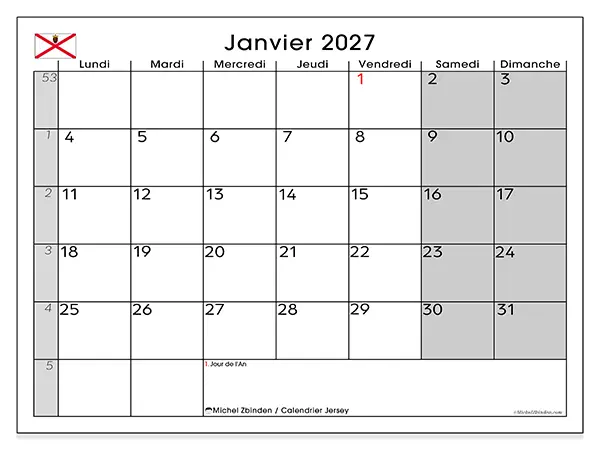 Calendrier janvier 2027 à imprimer - Jersey