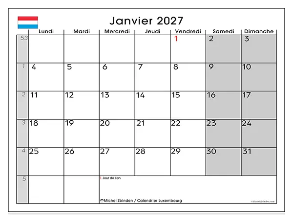 Calendrier janvier 2027 à imprimer - Luxembourg