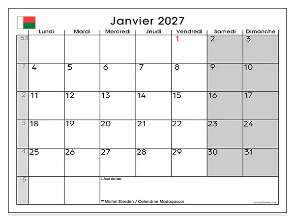 Calendrier janvier 2027 à imprimer - Madagascar