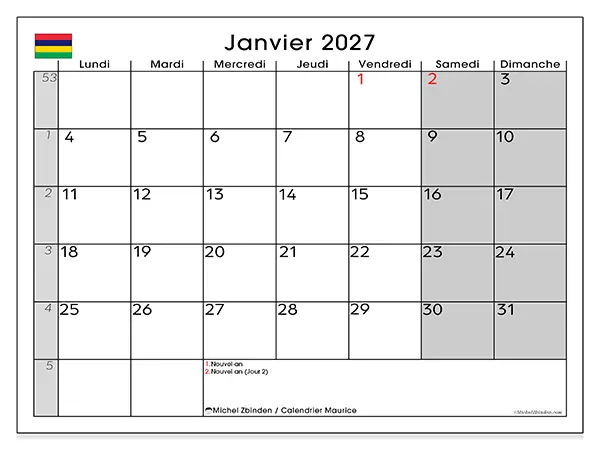 Calendrier janvier 2027 à imprimer - Maurice