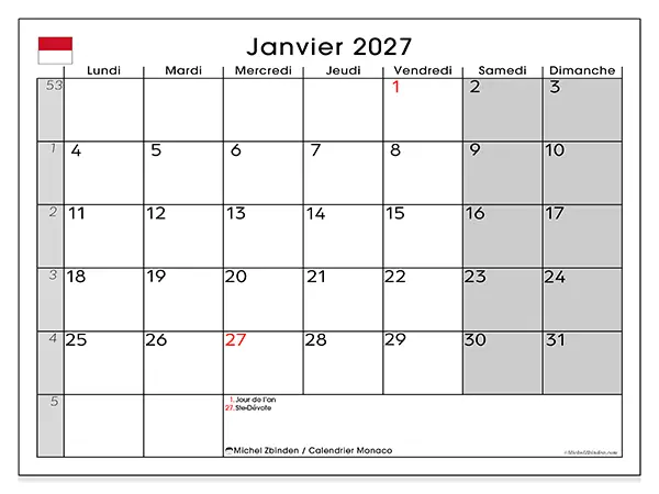 Calendrier janvier 2027 à imprimer - Monaco