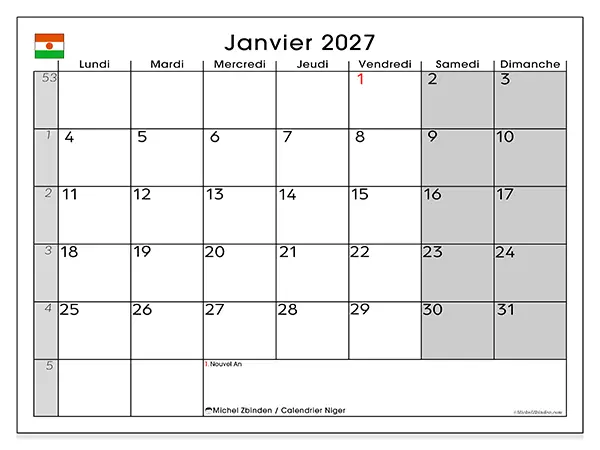 Calendrier janvier 2027 à imprimer - Niger