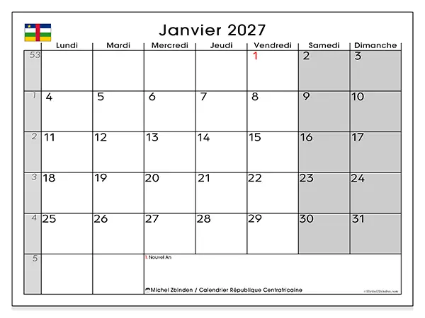 Calendrier janvier 2027 à imprimer - République centrafricaine