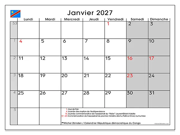Calendrier janvier 2027 à imprimer - République démocratique du Congo
