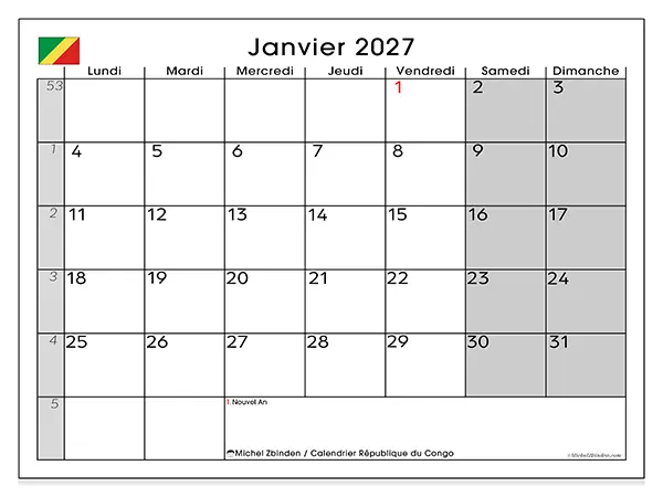 Calendrier janvier 2027 à imprimer - République du Congo