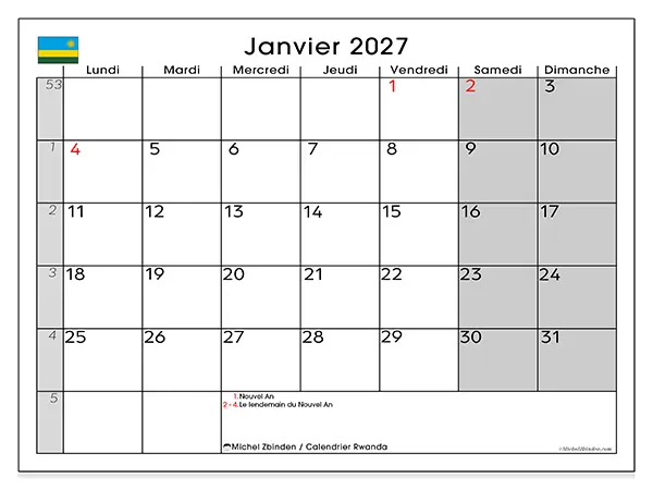 Calendrier janvier 2027 à imprimer - Rwanda