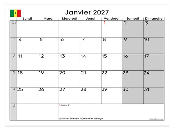 Calendrier janvier 2027 à imprimer - Sénégal
