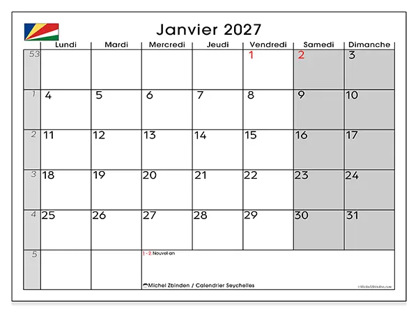 Calendrier janvier 2027 à imprimer - Seychelles