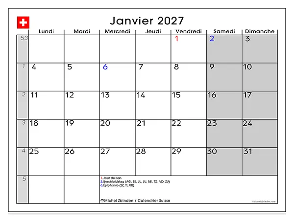 Calendrier janvier 2027 à imprimer - Suisse