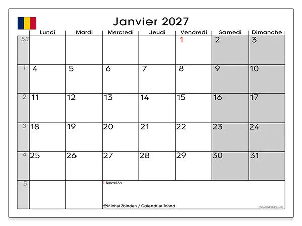 Calendrier janvier 2027 à imprimer - Tchad
