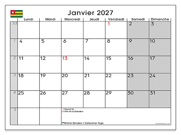Calendrier janvier 2027 à imprimer - Togo