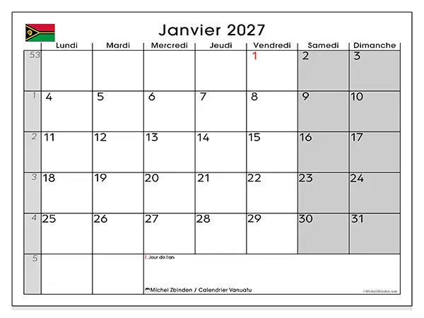 Calendrier janvier 2027 à imprimer - Vanuatu