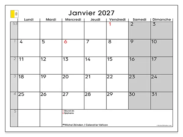 Calendrier janvier 2027 à imprimer - Vatican