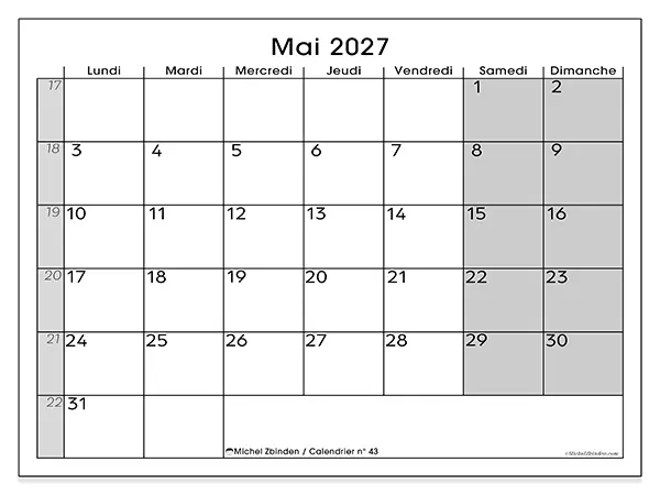 Calendrier mai 2027 à imprimer - Organisation parfaite
