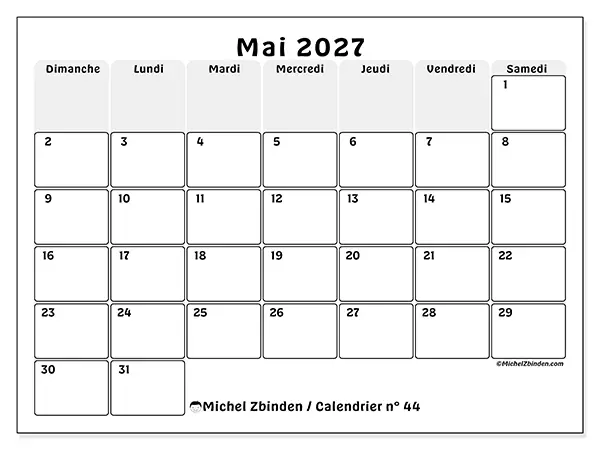 Calendrier mai 2027 à imprimer - Planning structuré - Semaine du dimanche au samedi