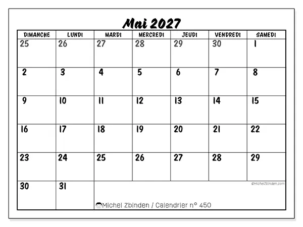 Calendrier mai 2027 à imprimer - Organisation détaillée - Semaine du dimanche au samedi