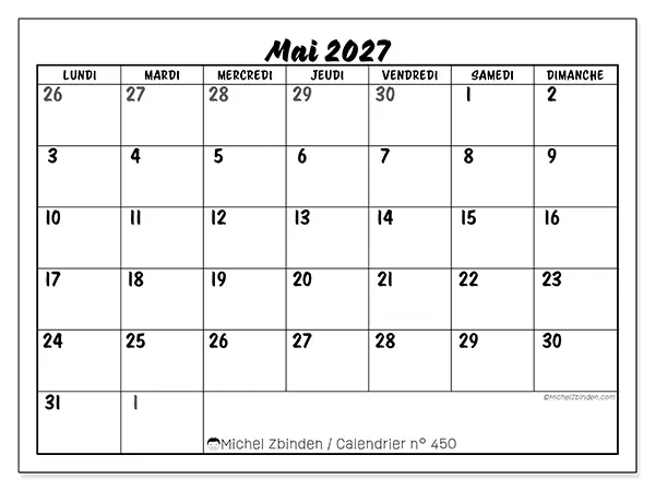 Calendrier mai 2027 à imprimer - Organisation détaillée