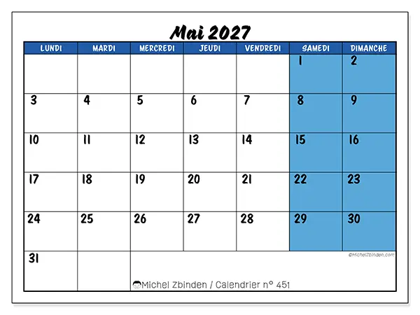 Calendrier mai 2027 à imprimer - Organisation dynamique