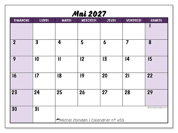 Calendrier mai 2027 à imprimer - Efficacité colorée - Semaine du dimanche au samedi