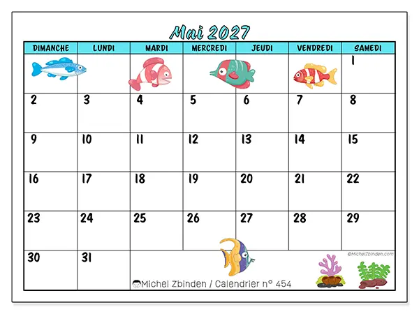 Calendrier mai 2027 à imprimer - Poissons colorés - Semaine du dimanche au samedi