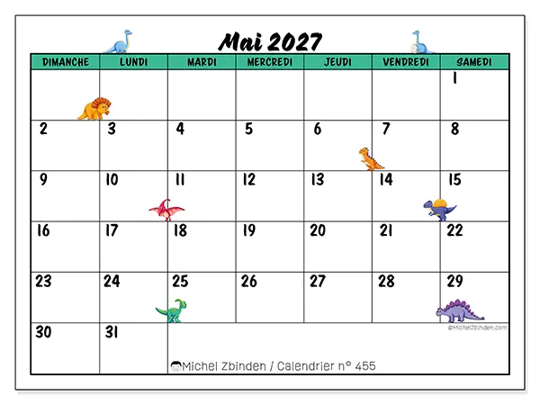 Calendrier mai 2027 à imprimer - Petits dinosaures - Semaine du dimanche au samedi