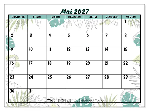 Calendrier mai 2027 à imprimer - Nature et jardin - Semaine du dimanche au samedi