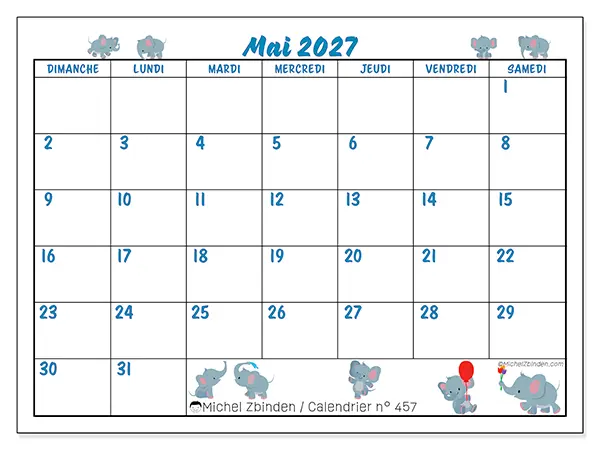Calendrier mai 2027 à imprimer - Petits éléphants - Semaine du dimanche au samedi