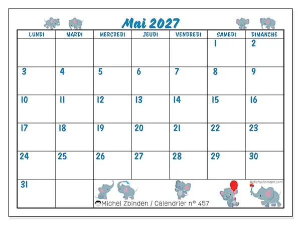 Calendrier mai 2027 à imprimer - Petits éléphants