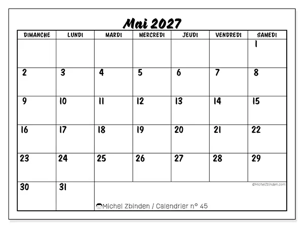 Calendrier mai 2027 à imprimer - Réussite scolaire - Semaine du dimanche au samedi