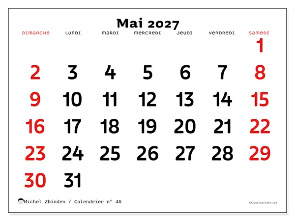Calendrier mai 2027 à imprimer - Vision claire - Semaine du dimanche au samedi