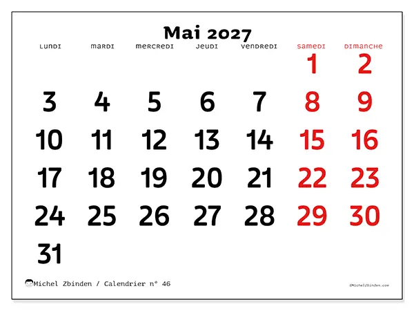 Calendrier mai 2027 à imprimer - Vision claire