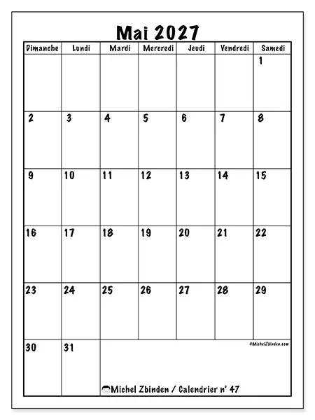 Calendrier mai 2027 à imprimer - Planning efficace - Semaine du dimanche au samedi