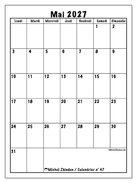 Calendrier mai 2027 à imprimer - Planning efficace