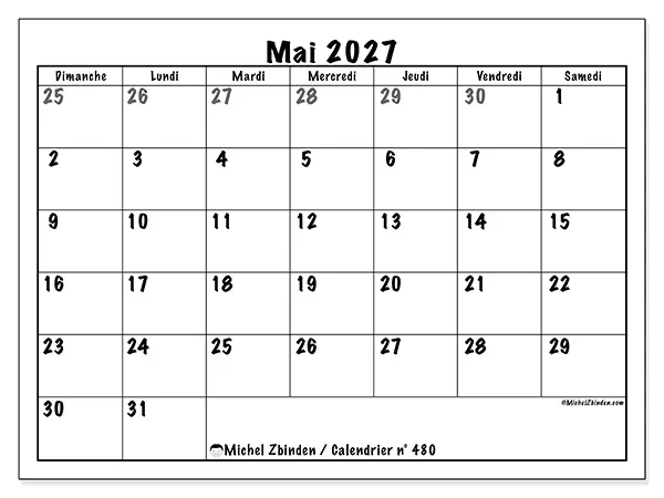 Calendrier mai 2027 à imprimer - Planification complète - Semaine du dimanche au samedi