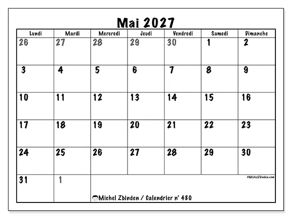 Calendrier mai 2027 à imprimer - Planification complète