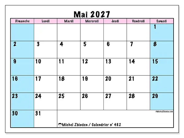 Calendrier mai 2027 à imprimer - Horaire d’équipe - Semaine du dimanche au samedi