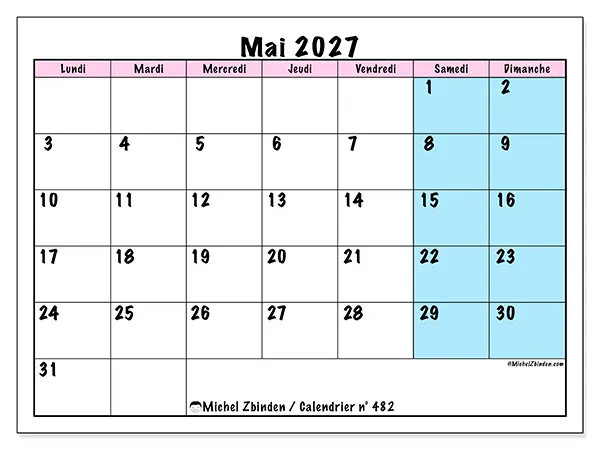 Calendrier mai 2027 à imprimer - Horaire d’équipe