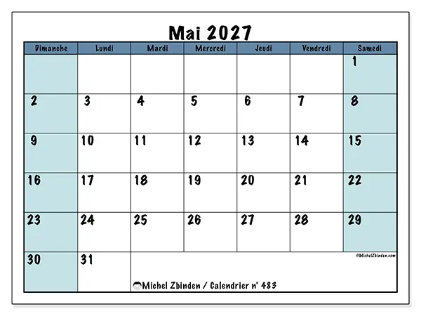 Calendrier mai 2027 à imprimer - Structuré pour l’école - Semaine du dimanche au samedi