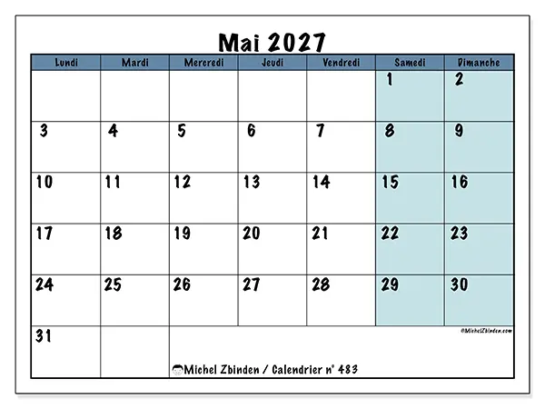 Calendrier mai 2027 à imprimer - Structuré pour l’école