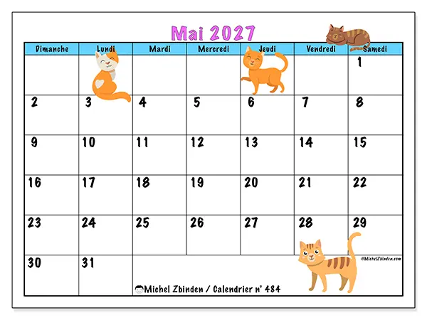Calendrier mai 2027 à imprimer - Amour des chats - Semaine du dimanche au samedi