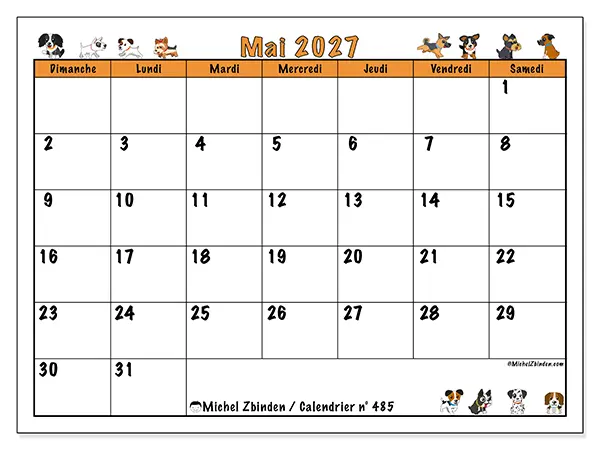 Calendrier mai 2027 à imprimer - Chiens enthousiastes - Semaine du dimanche au samedi
