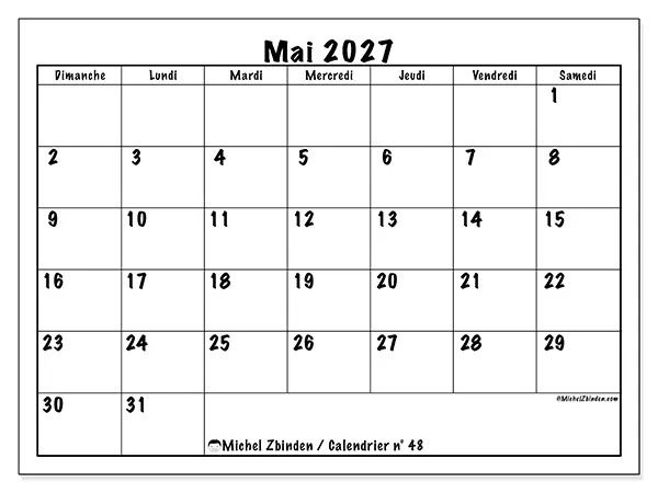 Calendrier mai 2027 à imprimer - Efficacité quotidienne - Semaine du dimanche au samedi