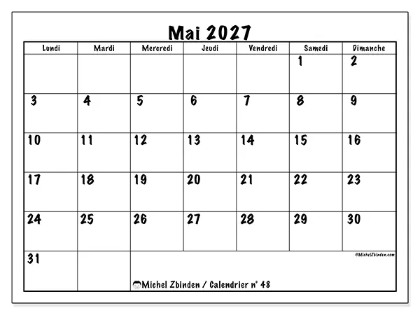 Calendrier mai 2027 à imprimer - Efficacité quotidienne