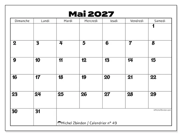 Calendrier mai 2027 à imprimer - Coordination productive - Semaine du dimanche au samedi