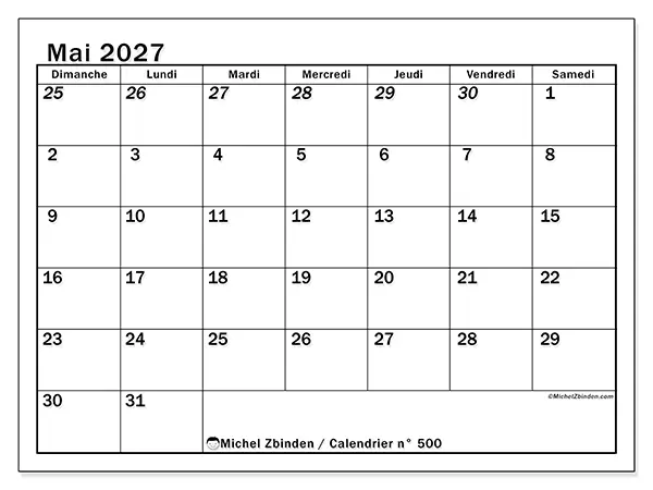 Calendrier mai 2027 à imprimer - Planning intensif - Semaine du dimanche au samedi