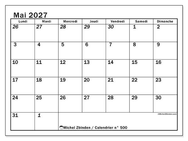 Calendrier mai 2027 à imprimer - Planning intensif